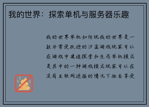 我的世界：探索单机与服务器乐趣